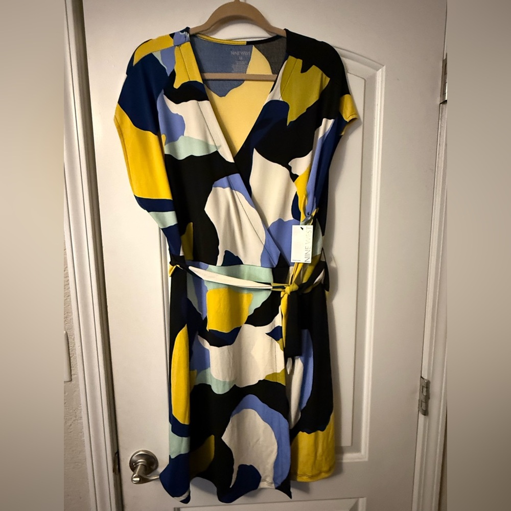 Nine West Blue and Yellow Abstract Midi Wrap Dress - 1X - NEW